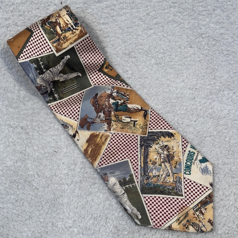 Vintage Eddie Bauer Silk Necktie Equestrian Golf Tennis Cricket Sports Print Tie